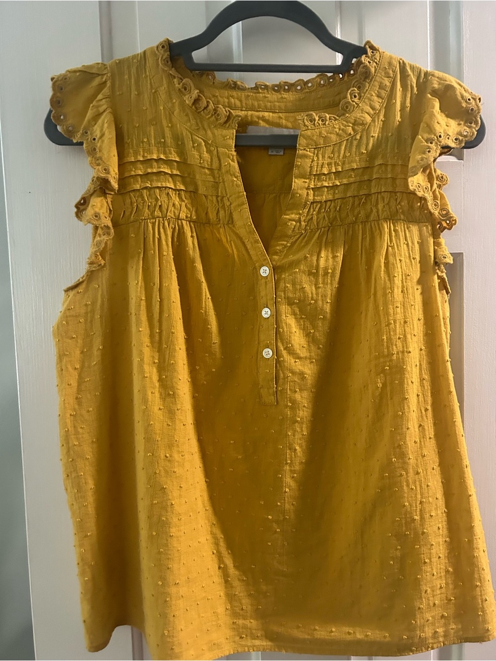 LOFT Mustard Yellow Swiss Dot Ruffle Sleeve cute top